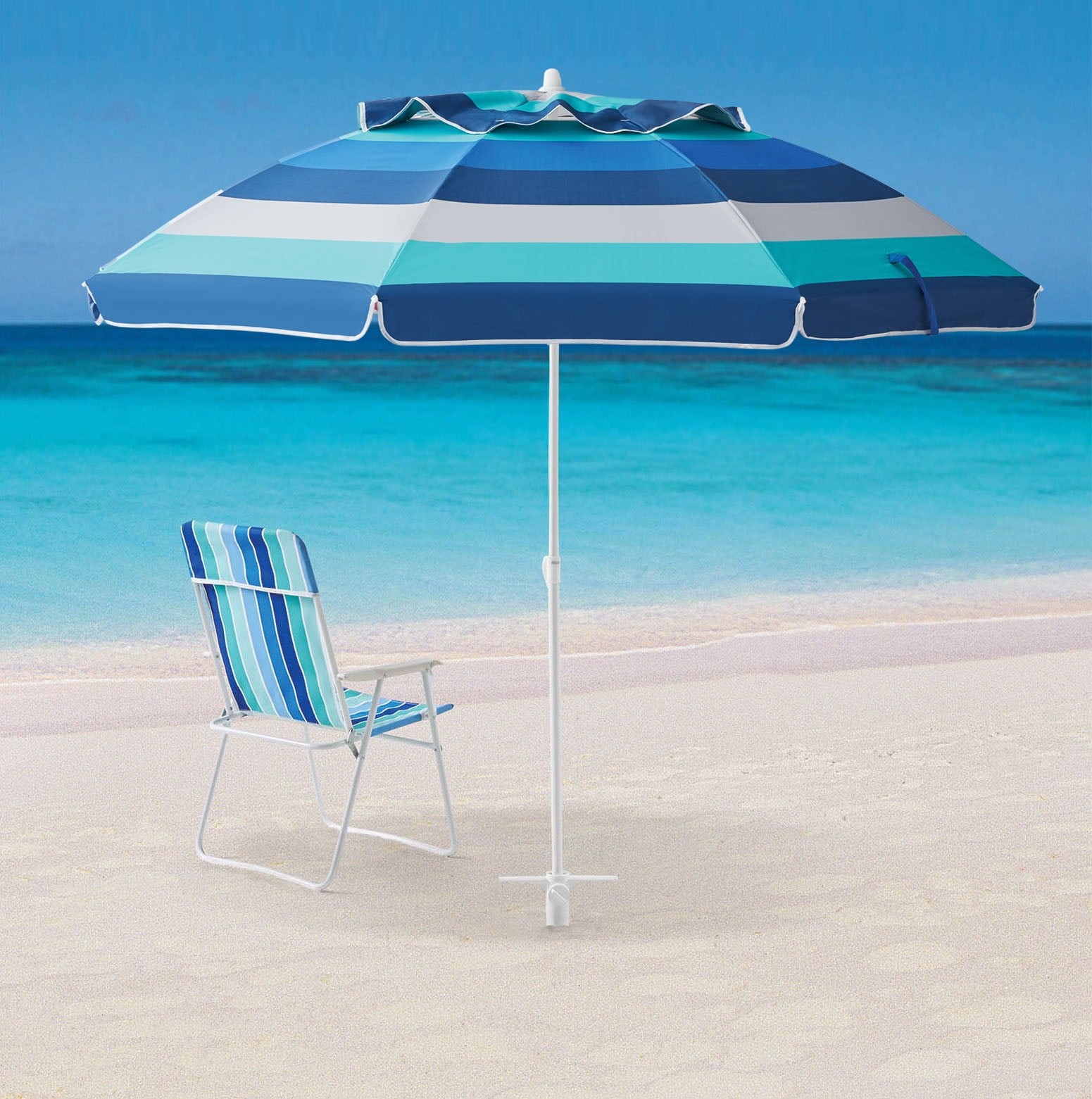 6' Blue Stripe Portable Beach Umbrella, UV Protection