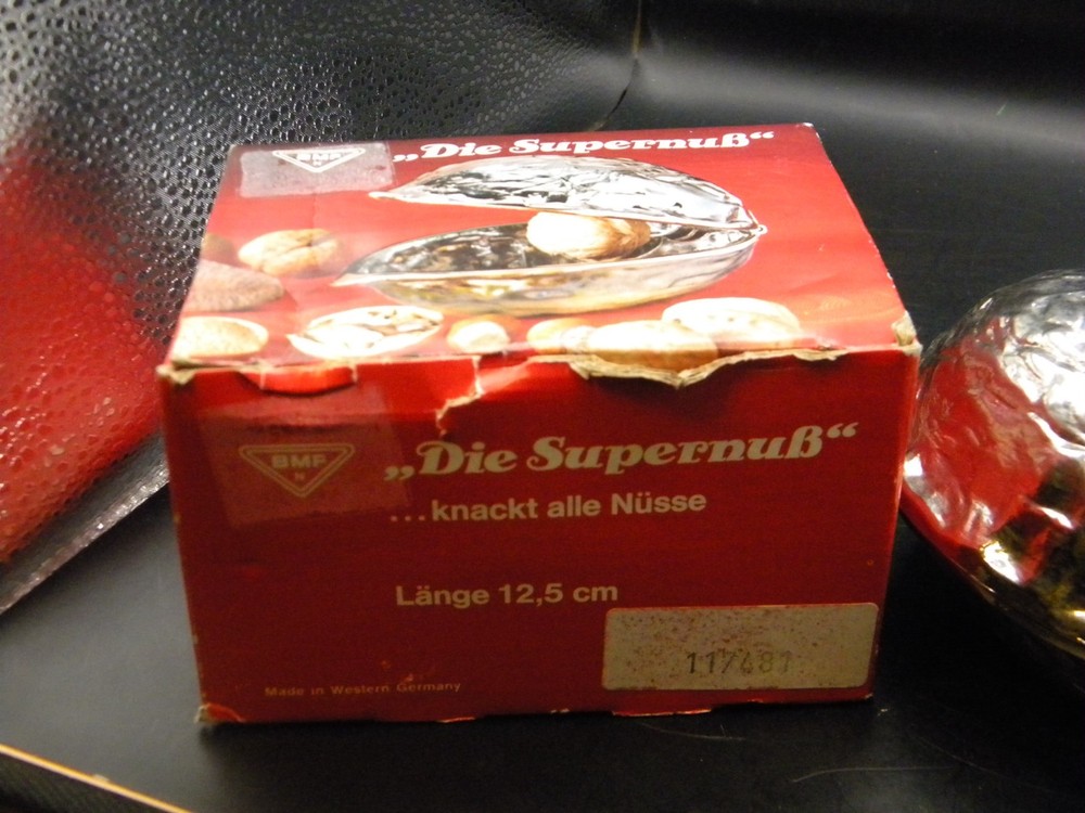 Vintage BMF Die Supernuß Metal Nutcracker w/ Box Germany Walnut Shell Shape