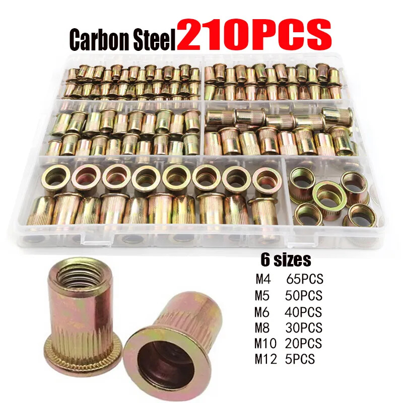 210/165PC Box Rivet Nuts Carbon Steel Flat Head Rivet Nuts Set Insert Rivet Nuts