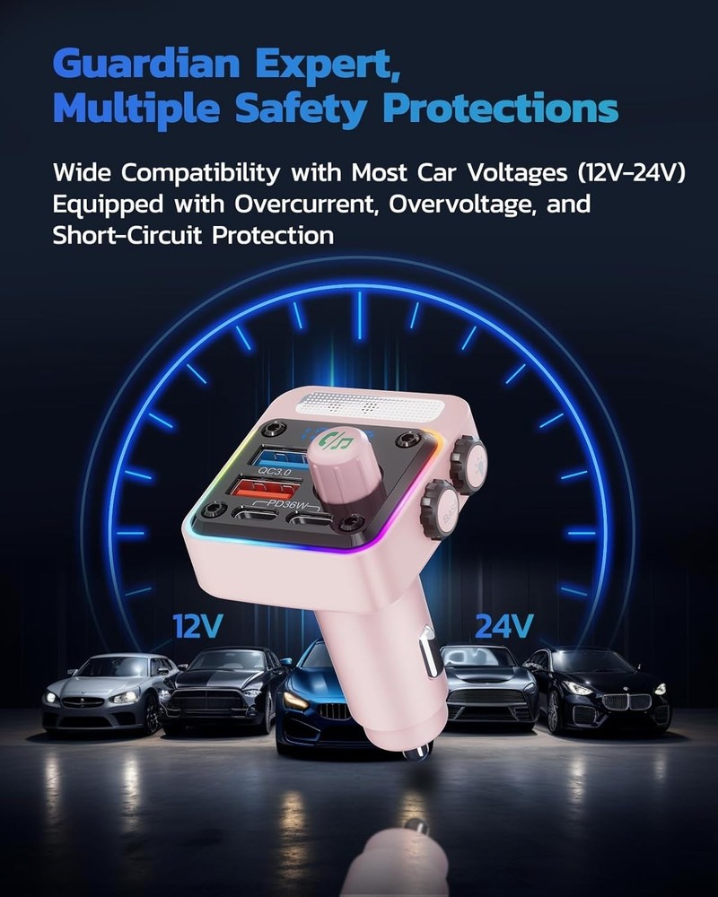 Efficient 54W Multi-Device Car Charger with Bluetooth 5.3 and Colorful Lighting