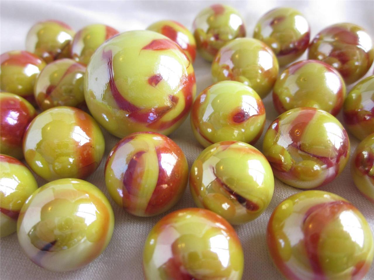 25 Glass Marbles SUN Fire RED/YELLOW Opal iridescent Shooter game style Swirl