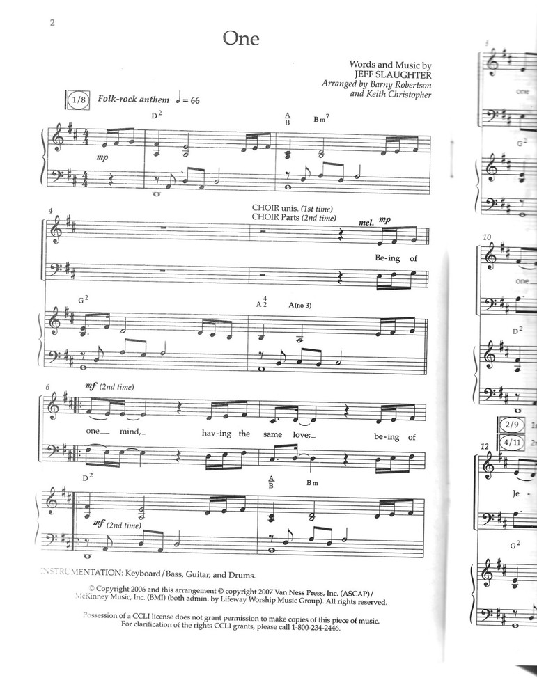 One (octavo) by Jeff Slaughter arr. by B. Robertson & K. Christopher SAT(B)