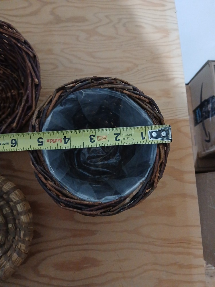 3 Rustic Woven Baskets, Willow Or Straw, One Includes A Plastic Liner