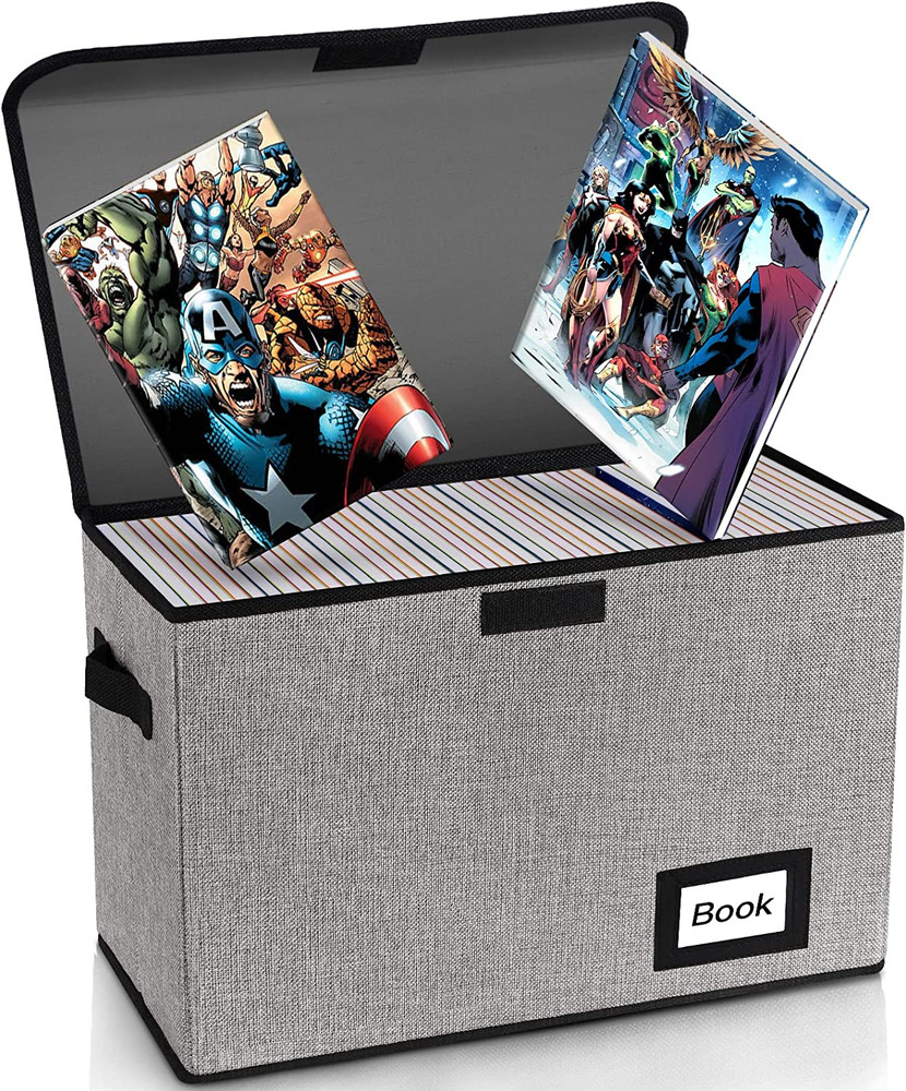 Book Storage Box Collapsible Comic Short Heavy Duty Books Bin Container Grey