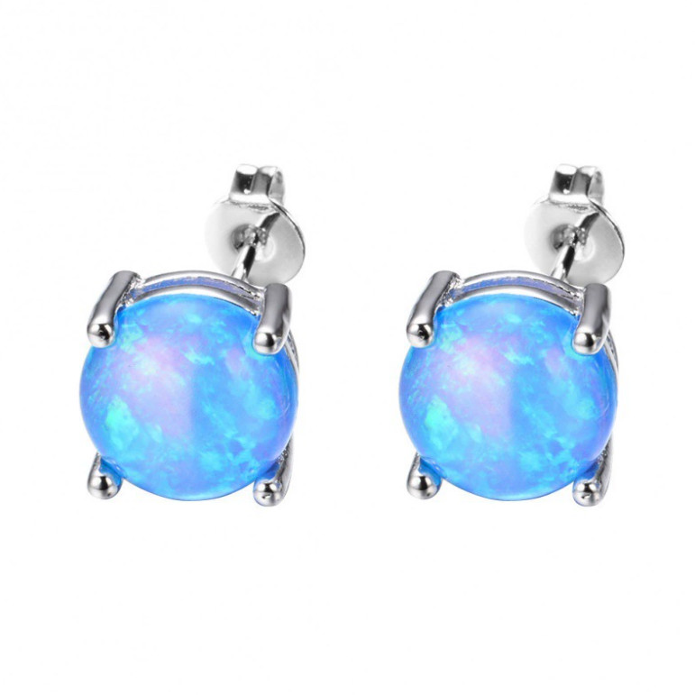 Round White Small Blue Fire Opal 925 Sterling Silver Stud Post Earrings 4mm PE19