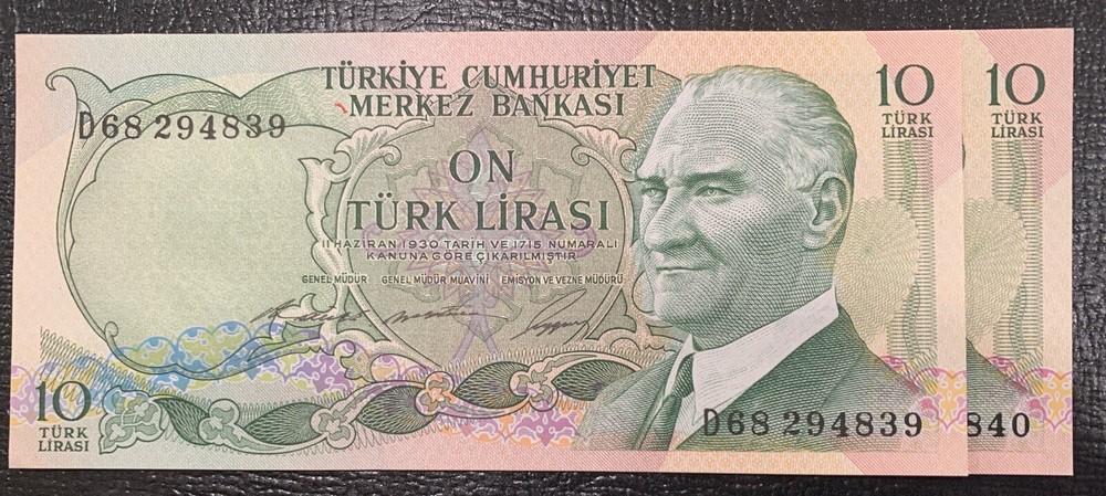 Two Consecutively Numbered Gem CU Turkey 10 Lira