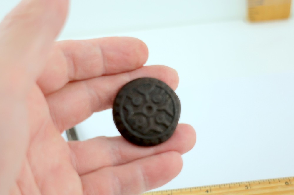 Two Antique Ornate Design 1-1/4"D Cast Iron Door Knobs with Spindle
