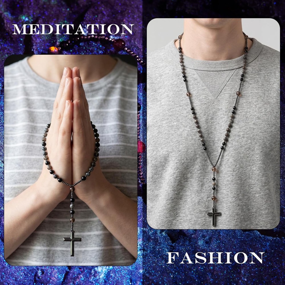 Yooperlite Stone Rosary Necklace UV Glow Hematite Beads Obsidian Cross Gift