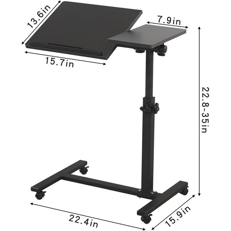 Adjustable Mobile Laptop Table Rolling Bedside Desk W/ Wheels Edge-Stopper Black