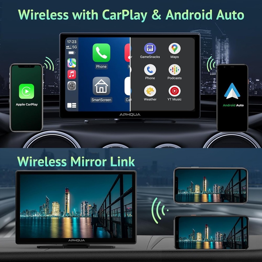 Aphqua 9Inch Screen 2.5K Dash Cam Bluetooth Wireless Apple Carplay Android Auto