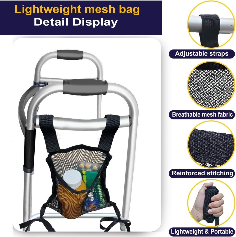 Lightweight Walker Side Bag Mesh Organizer for Essentials - Easy Attach Black