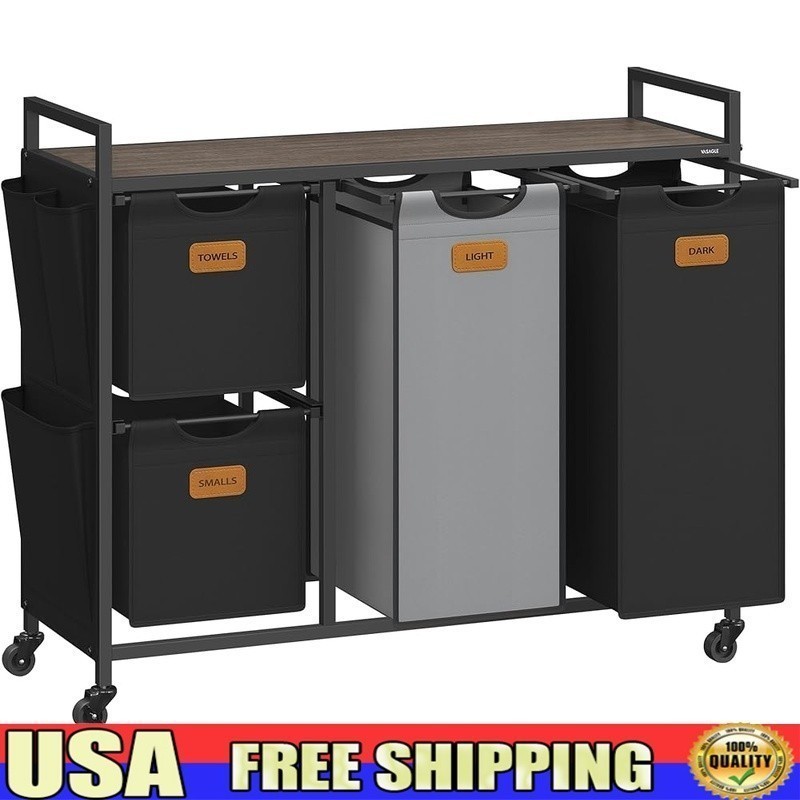Spacious Mobile Laundry Cart W/ Removable Liners & Sorting Labels 4 Compartments