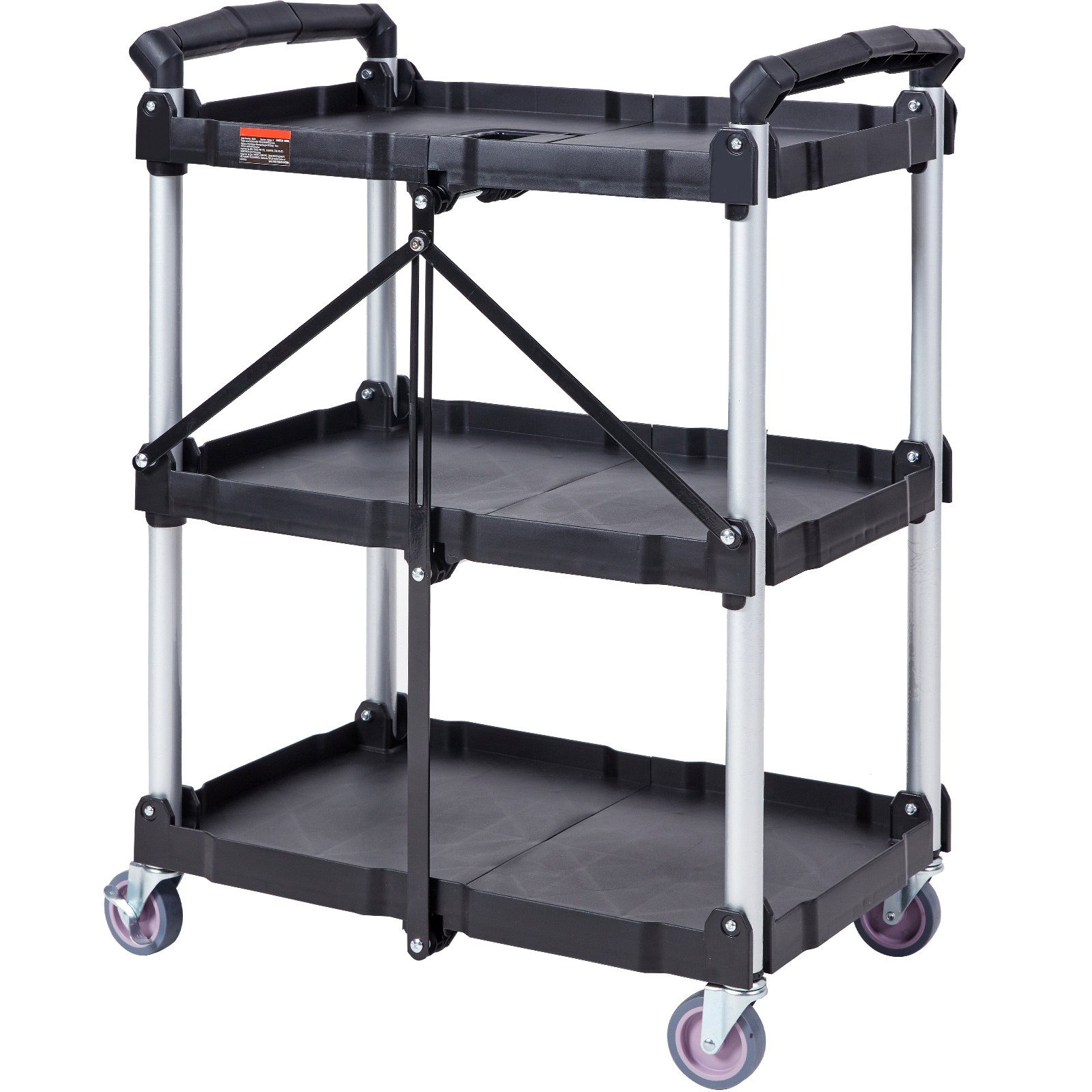 Uimoso Foldable Utility Service Cart 3 Shelf 165LBS with Swivel Lockable Wheels