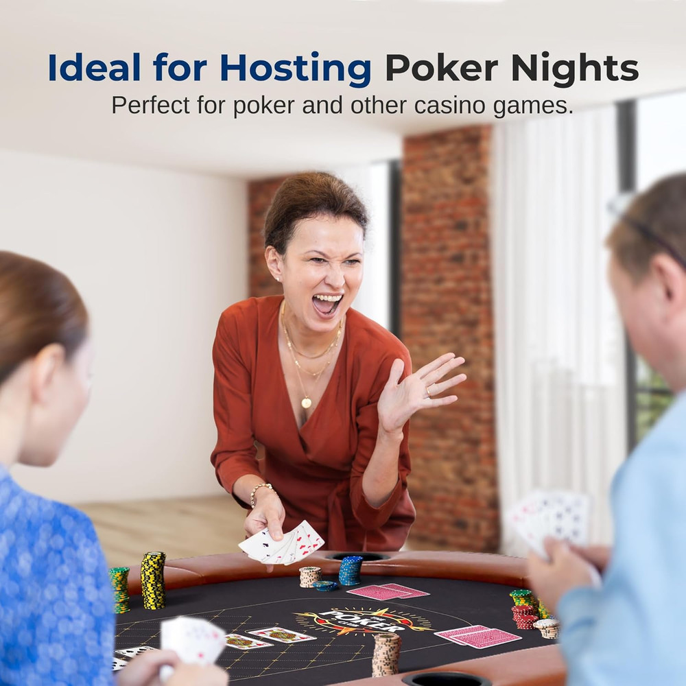 Portable 8-Player Foldable Poker Table with Cup Holders & Cushioned Rail