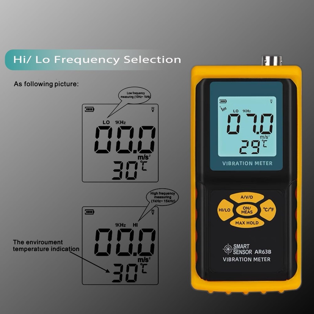 AR63B Digital Vibration Meter Vibrometer 3-in-1 Measuring Modes for Accelerat...