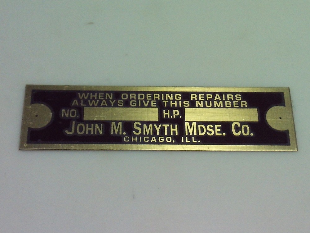 John M. Smyth engine Reproduction name tag Nameplate