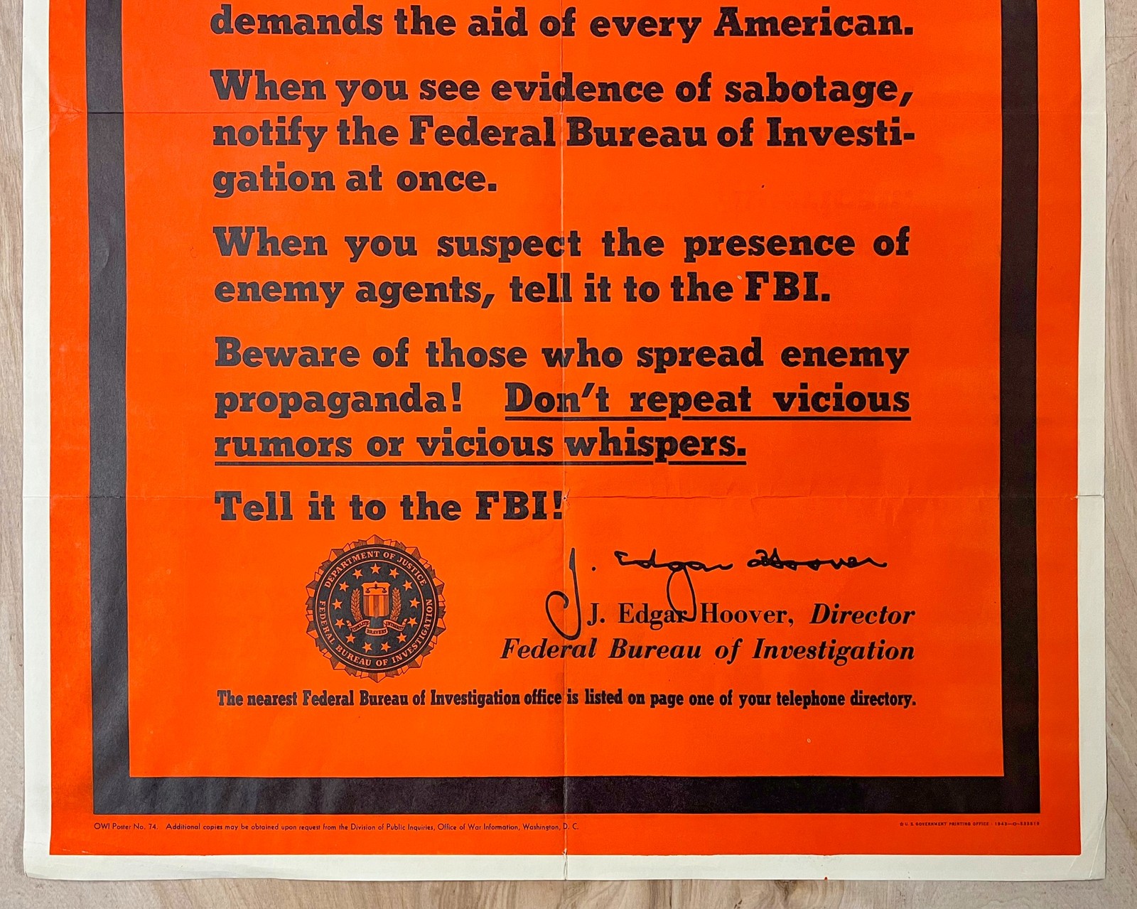 1943 Warning From The FBI Spies Saboteurs Enemy Agents Poster J. Edgar Hoover