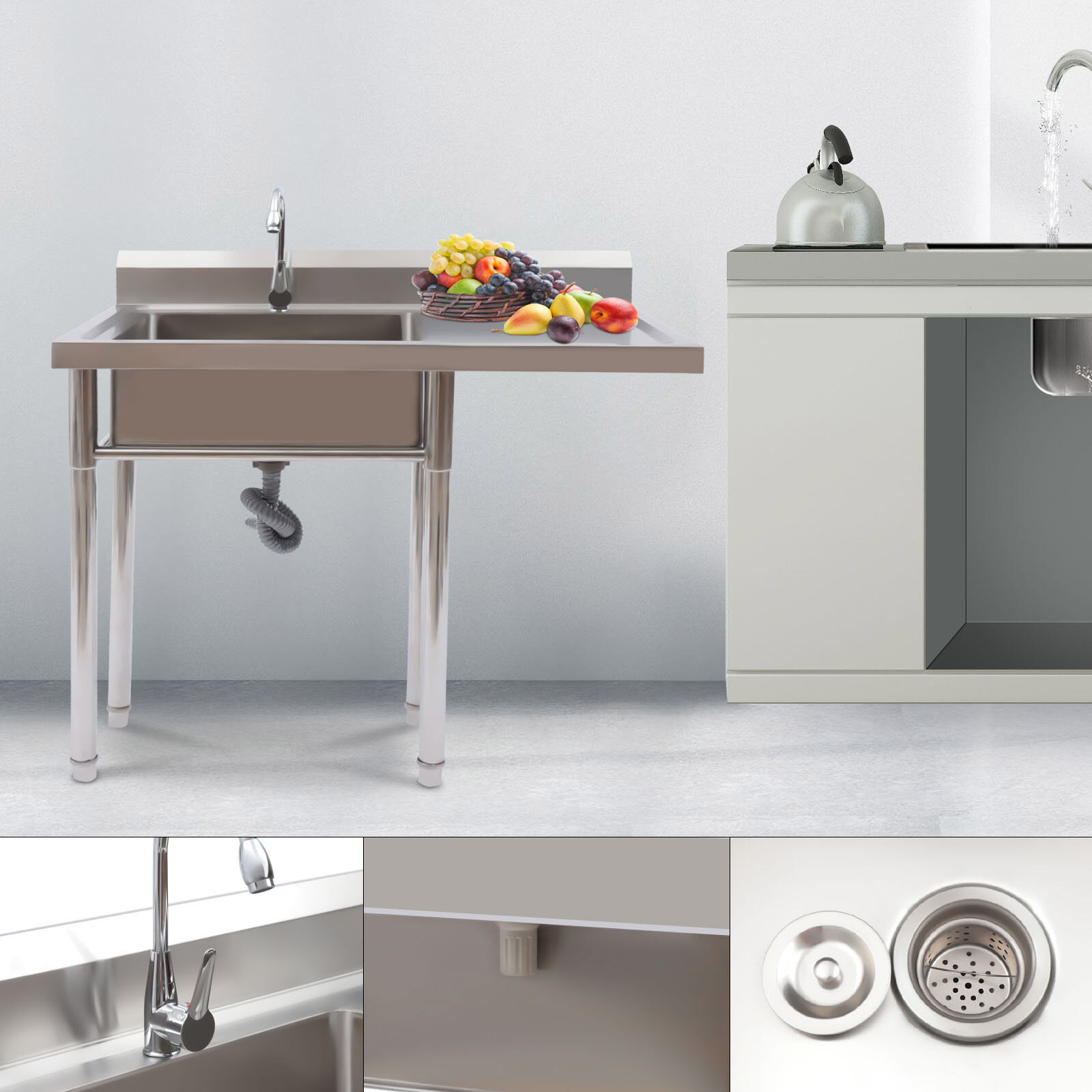 Stainless Steel Utility Sink Commercial Restaurant Kitchen with Faucet & Workben