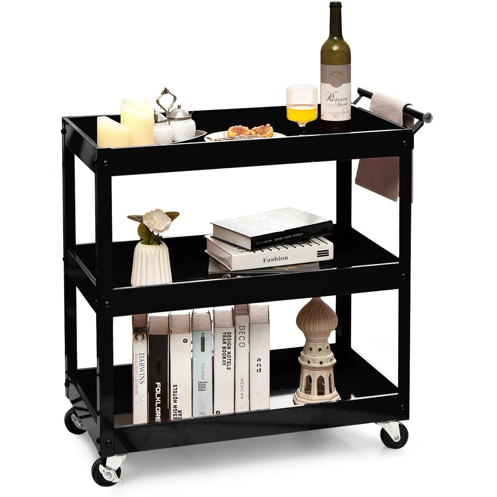 Heavy Duty 3 Tier Metal Rolling Cart 330LBS Capacity with Brake Wheels Black