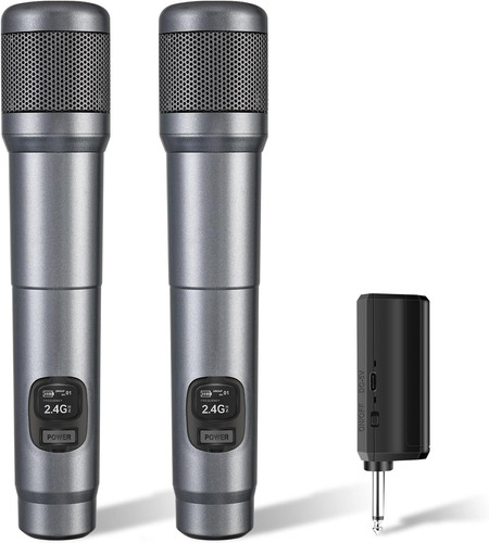 Wireless Microphone, Dual Handheld Dynamic Mic with Rechargeable Silver