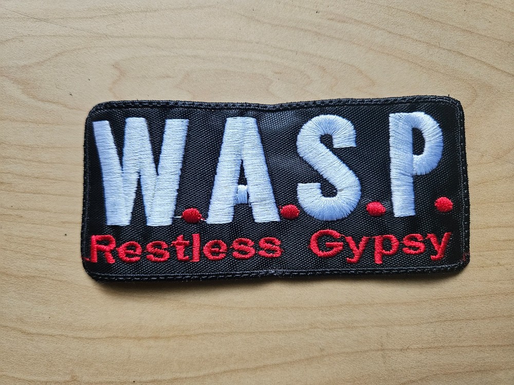 WASP, RESTLESS GYPSY, SEW ON WHITE AND RED EMBROIDERED PATCH