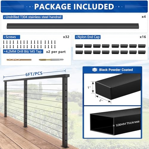 4Pack 6FT Stainless Steel T304 Black Handrail, 2" W x 1" H Rectangular