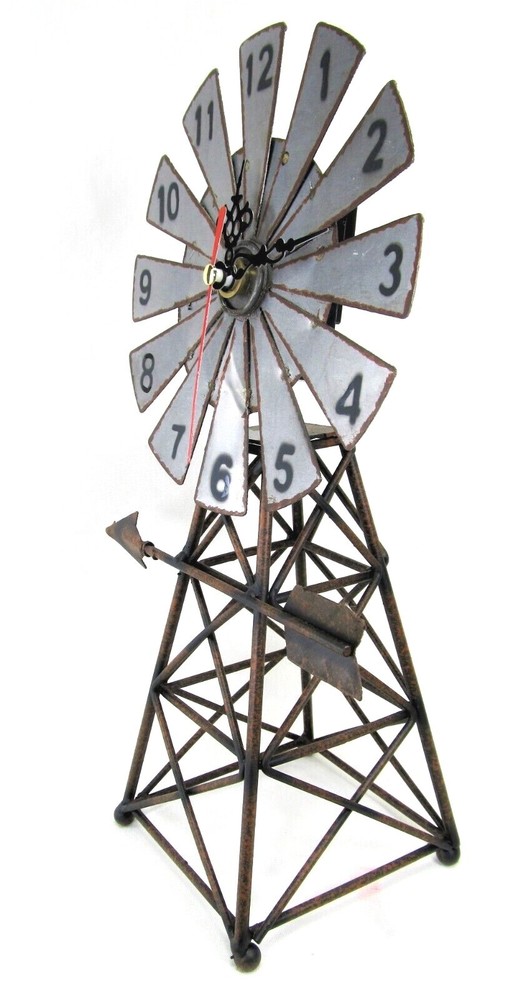 Windmill rustic looking metal clock table top time piece