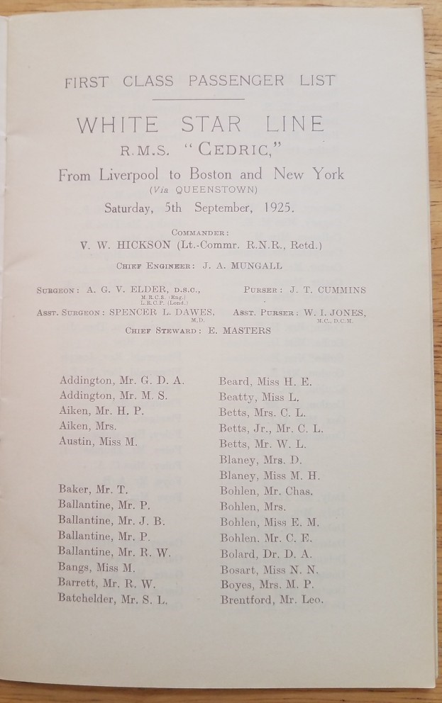 CEDRIC (White Star) FIRST CLASS 1925
