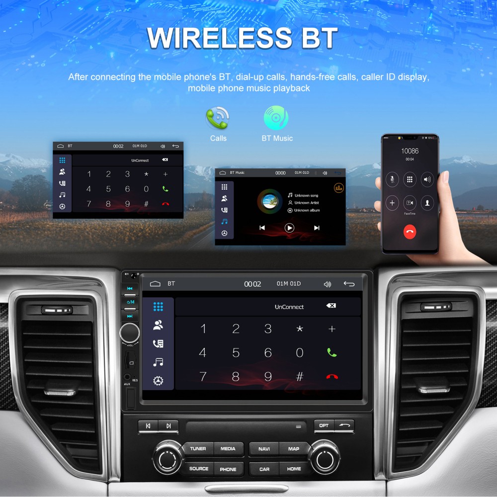 7'' Double 2 Din Car Radio Car Stereo Touch Screen Android Auto BT Apple CarPlay