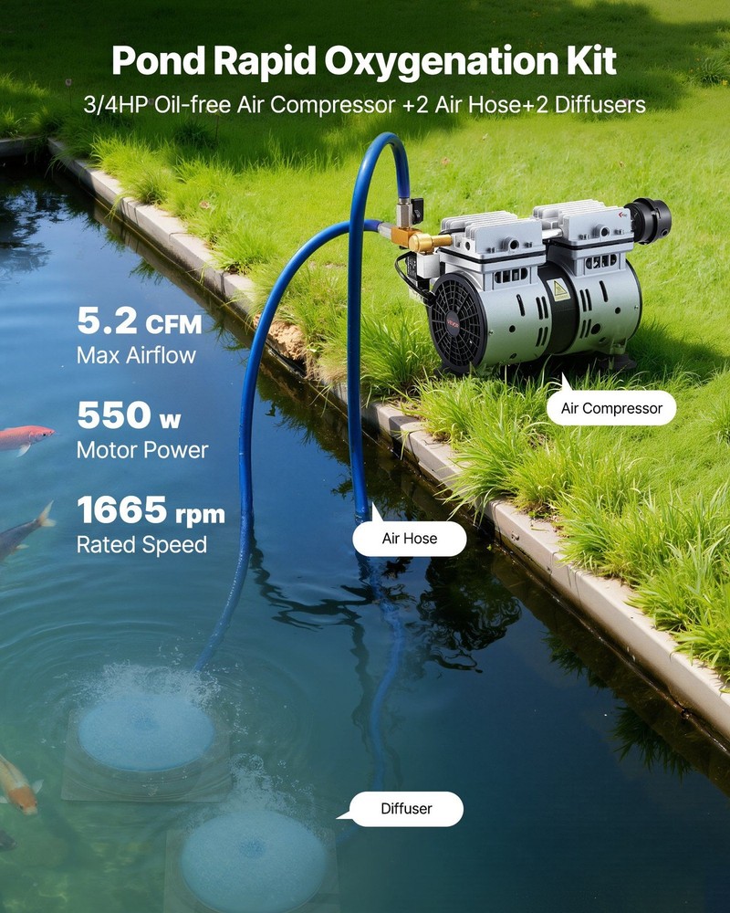 Deep Water Pond Aerator: 5.2CFM, 3/4HP Compressor, 2 Diffusers, 100ft Hoses