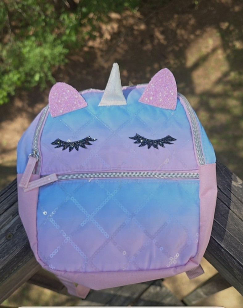 New Pink Blue Quilted Unicorn Multi Pocket Zip Up Adjustable Strap Mini Backpack