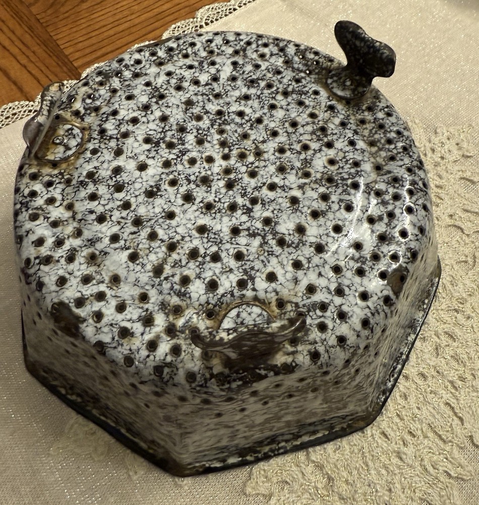 Vintage Small Enamelware Colander - Black and White - Octagonal