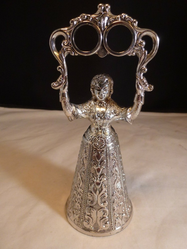Vintage Silver-plate Wedding Bell - Figurative Lady Holding Double Ring JAPAN