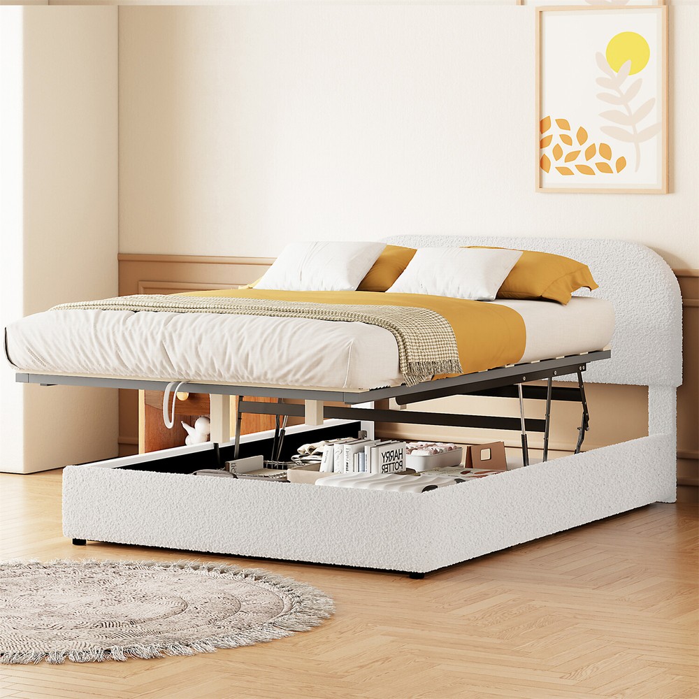 Full/Queen Size Upholstered Platform Bed w/ Hydraulic Storage System White/Gray
