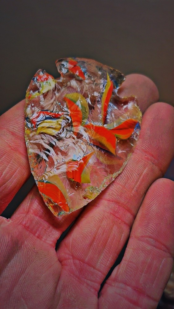 Flintknapped Melted Parrot Marbles Corner Notch Arrowhead, Beautiful