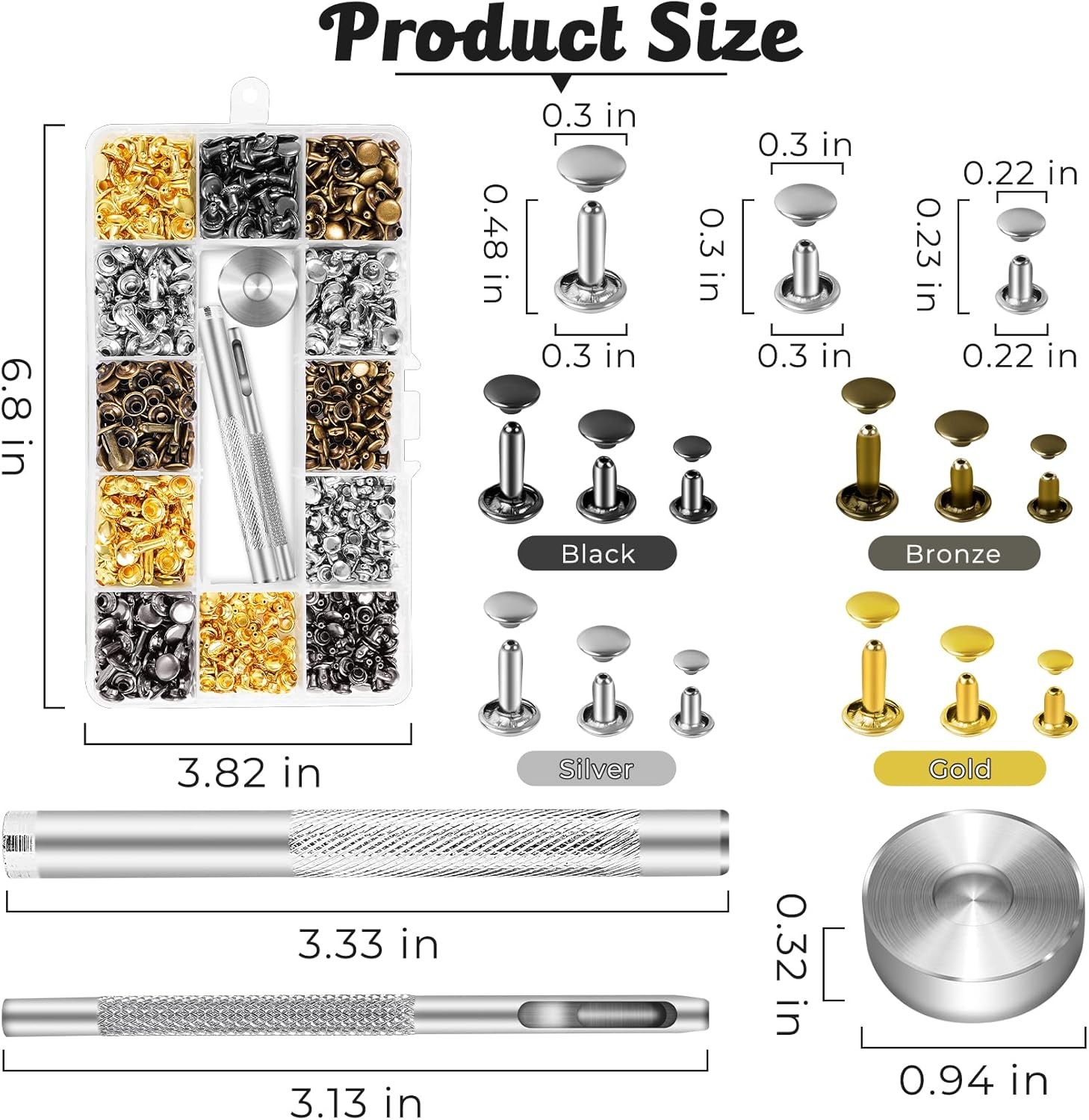 240 Sets Leather Rivets Kit, Double Cap Brass Rivets Leather Studs with 3PCS Set