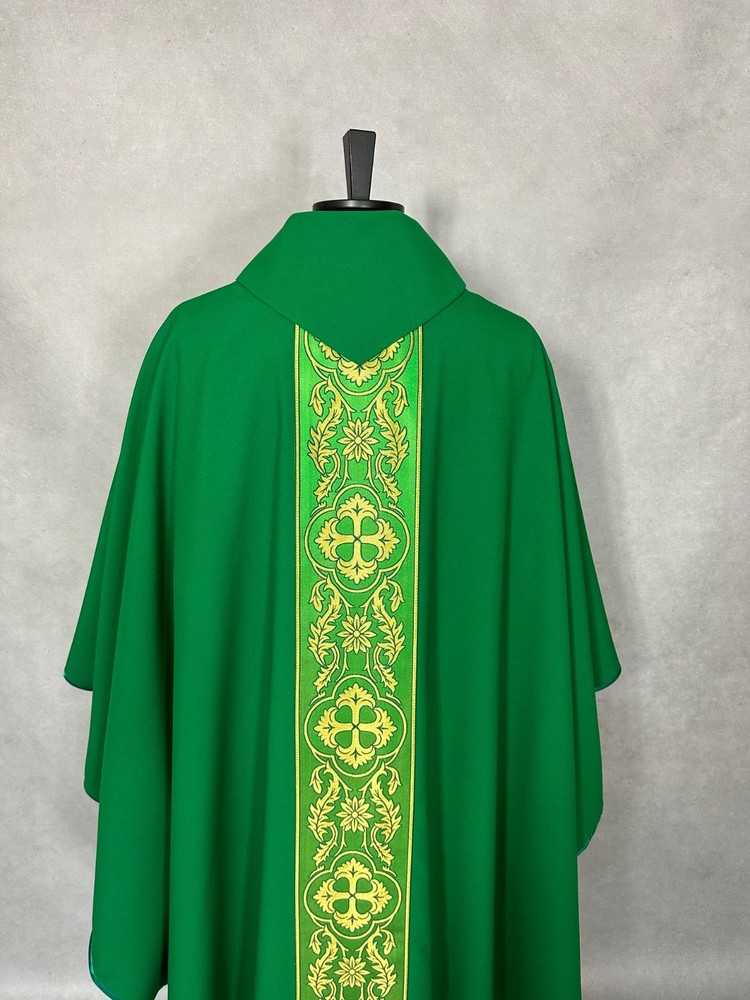 Two deacon Dalmatics + chasuble, open sides, green plain fabric, orphrey