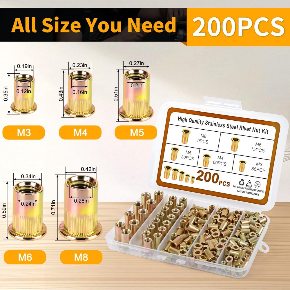 200PCS Metric Rivet Nut Kit M3 M4 M5 M6 M8 Rivnut Threaded Insert Assortment