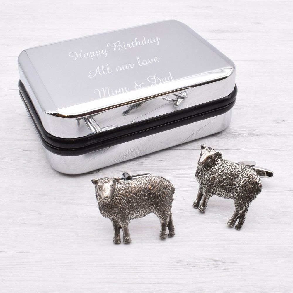 Welsh Sheep Pewter Cufflinks in Personalised Chrome Effect Cufflink Box