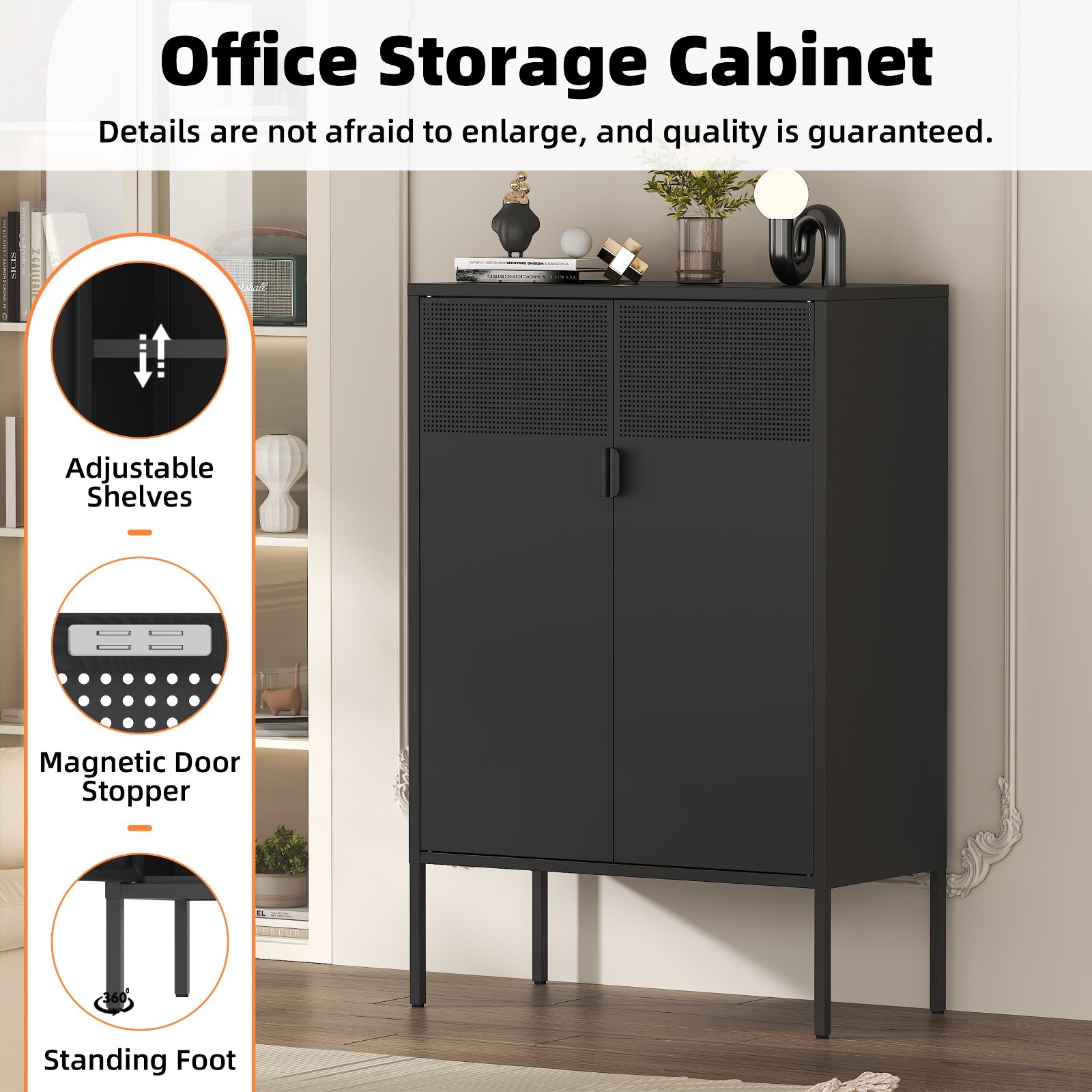 Black Metal Storage Cabinet,2 Door TV Stand, Metal Mesh Accent Cabinet