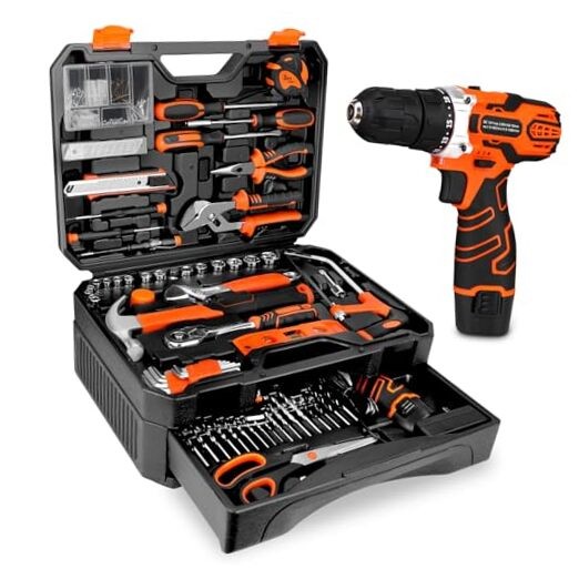255-Piece Tool Set - Tool Kit with 12V Cordless Drill Driver, Toolbox Orange