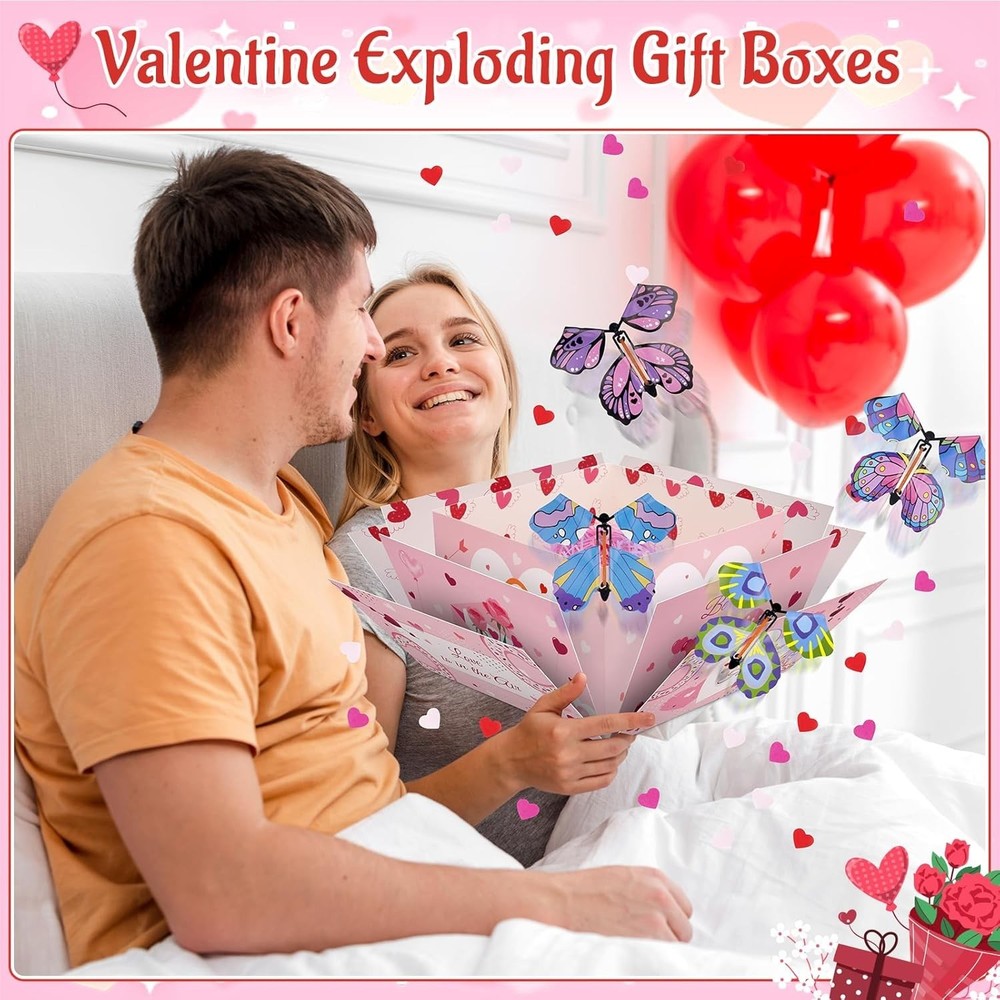 Valentine's Exploding Gift Box with Flying Butterflies and Heart Confetti