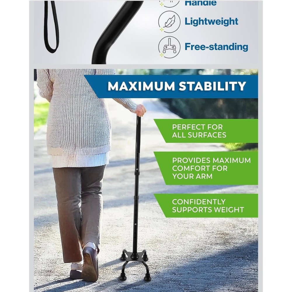 Quad Cane Walking Stick Adjustable Lightweight 4 Prong Base Black