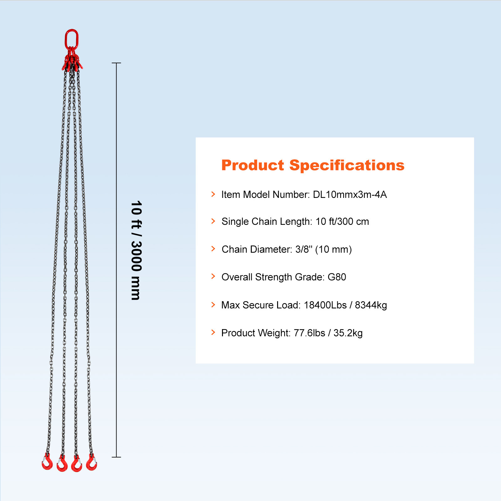 VEVOR 3/8" x 10' Chain Sling 4 Legs G80 Lifting Chain with Grab Hooks 18400 lbs