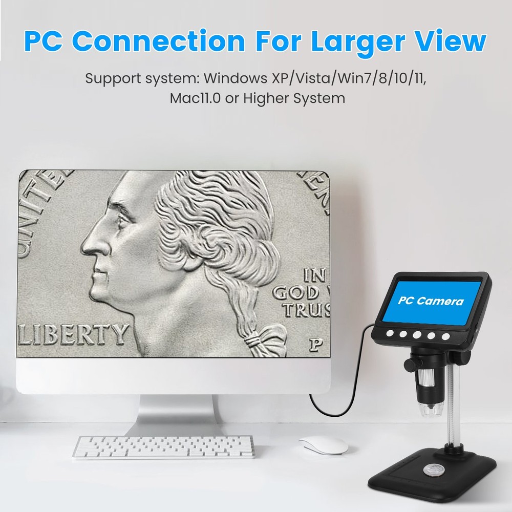 1000X Digital Microscope 4.3" LCD 8LEDs USB to PC for Coin / Electronics