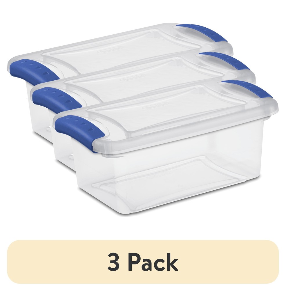 (3 pack) Sterilite 7 Quart Latch Box, Clear Plastic Storage Bin with Lid, Blue