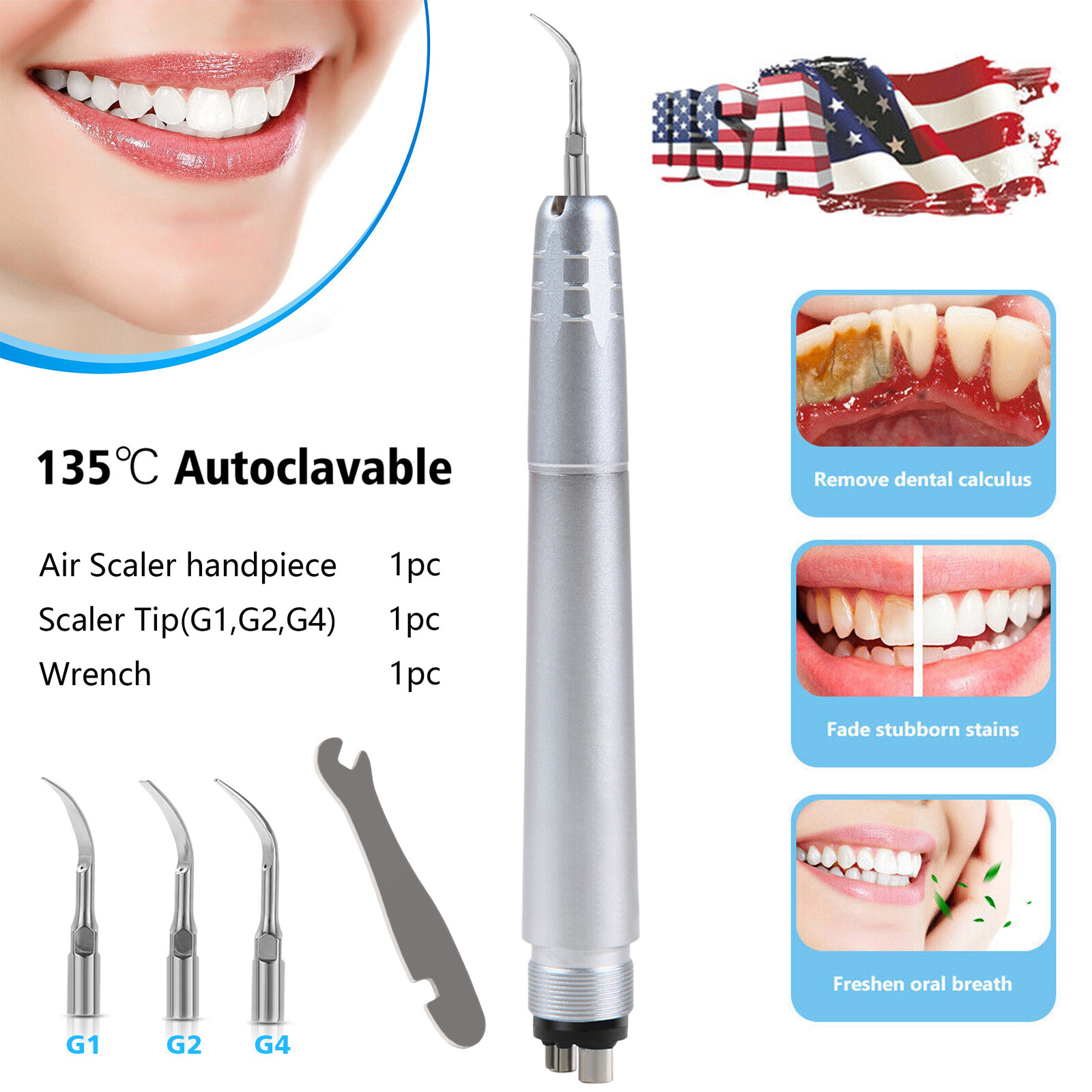 Dental Piezo Ultrasonic Air Scaler Handpiece Hygienist 4Holes With 3 Tips/ 10 G3
