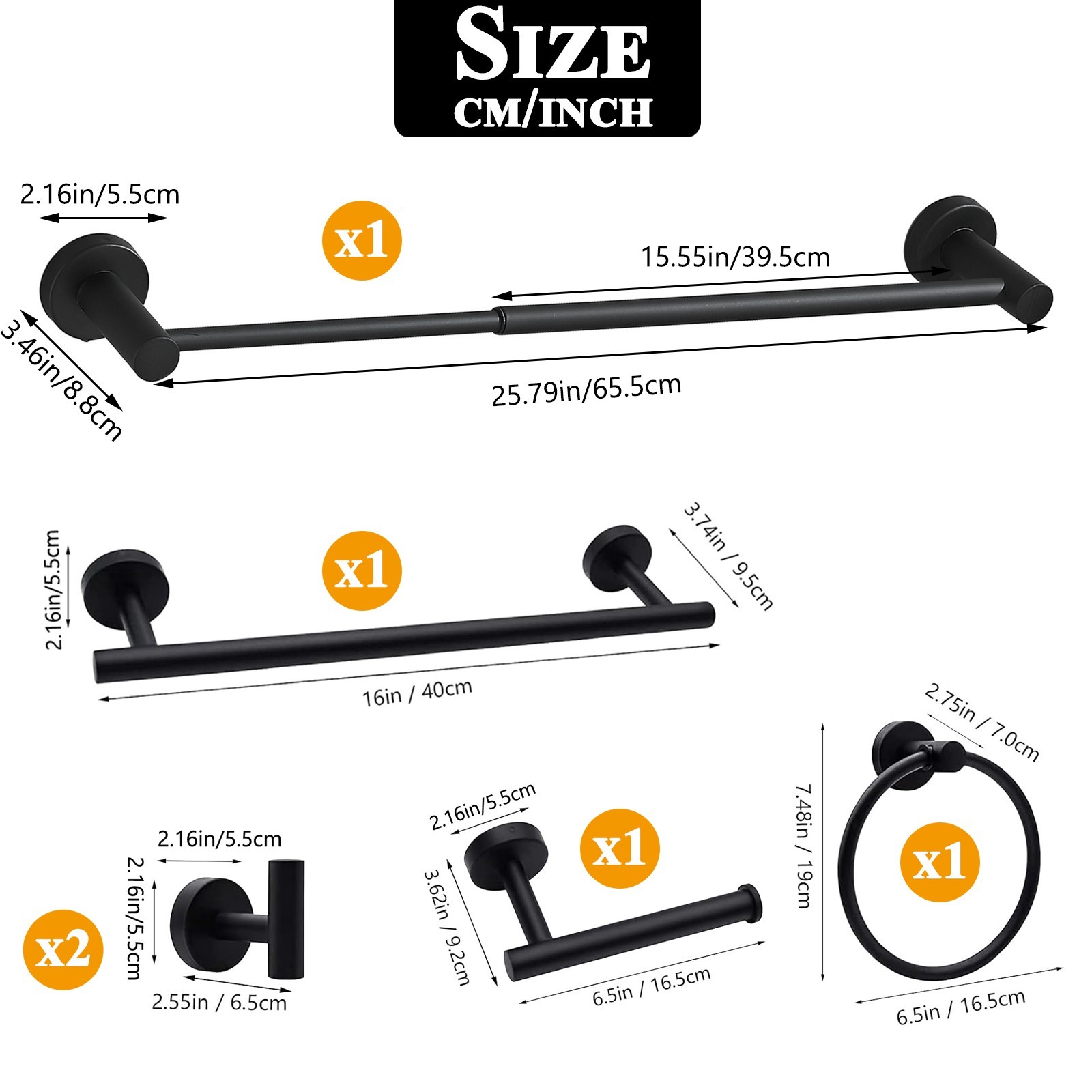 6 Pcs Black Bathroom Hardware Set Stainless Steel Towel Bar Towel Racks Hooks