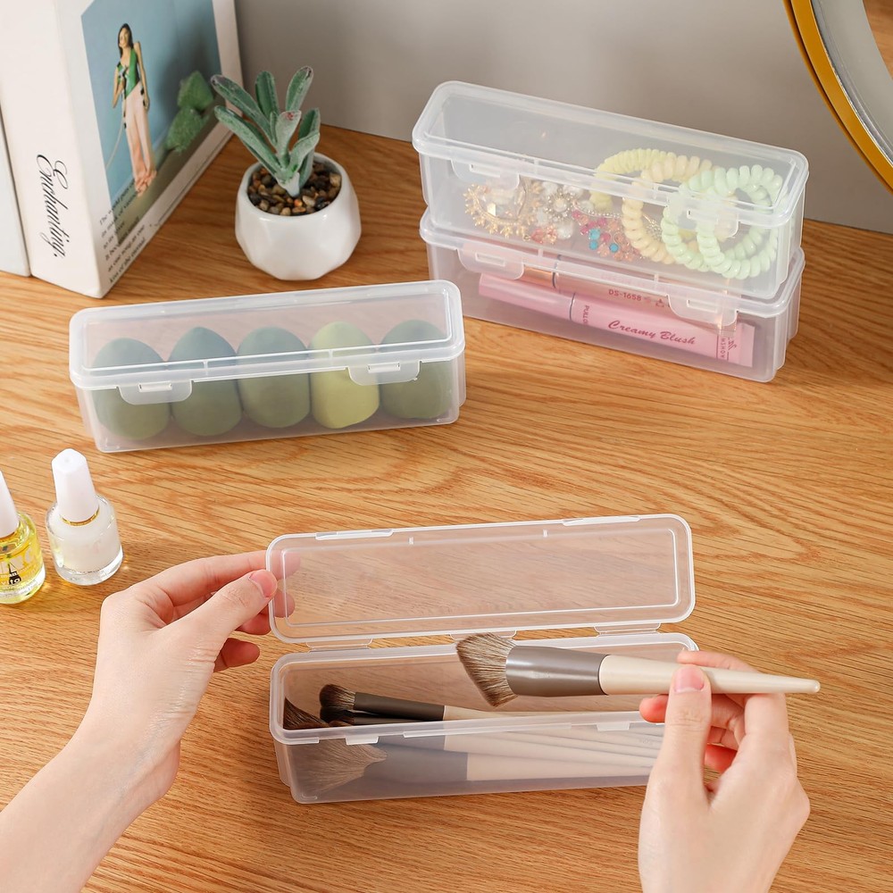 10 Pack Clear Plastic Pencil Case Boxes - Narrow Stackable Storage Organizers...