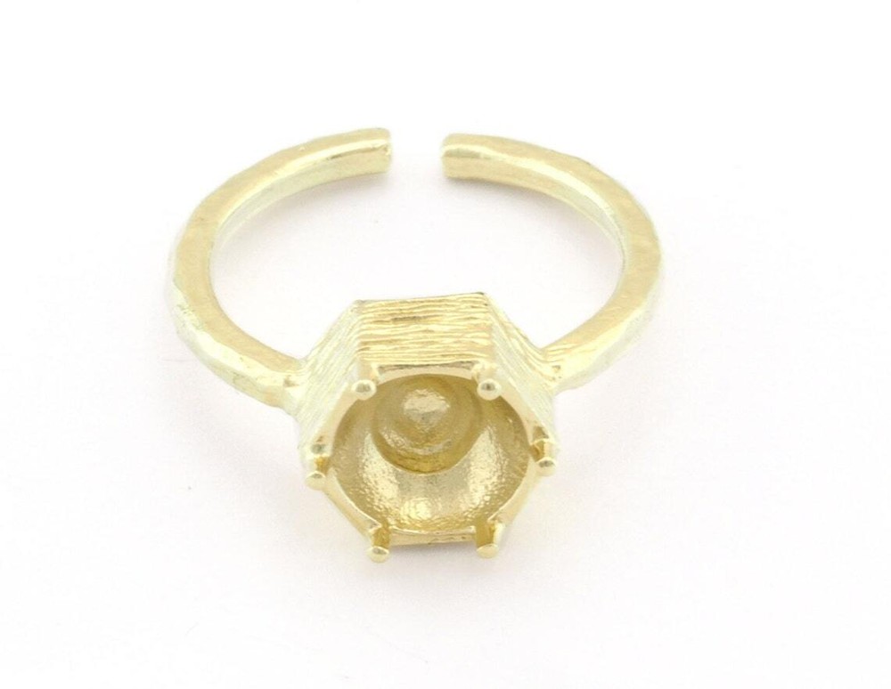 Hexagonal Brushed Edge Base Adjustable Ring Shiny Silver-Gold raw brass 4718